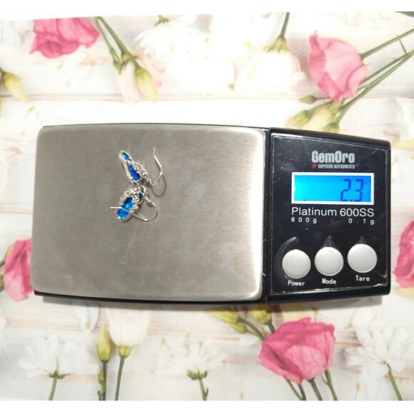 925 Sterling Silver Flip Flop Flower Dangle Drop Earrings Blue Opal Inlay Beach - Picture 7 of 7